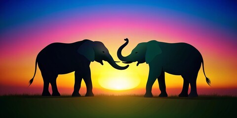 Poster - Minimalist Elephant Silhouette Couple, Romantic Animal Love, Wildlife Art, Stock Photo