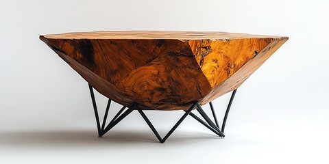 Poster - Unique wooden coffee table with geometric design and metal legs displayed indoors