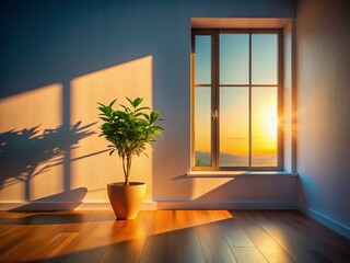 Poster - Minimalist Home Interior Silhouette: Plant & Sunlight Backlit Room Design