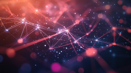 Aufkleber - Abstract digital illustration of interconnected nodes, luminous lines in red, orange, blue hues, on a dark backdrop dotted with bright specks of light