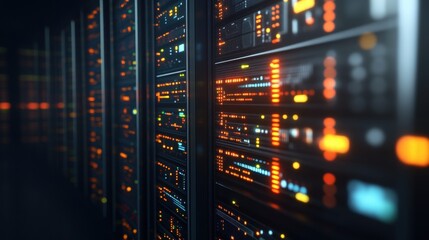 Poster - Rows of dark server racks glowing with orange and blue lights create an abstract pattern in a dimly lit high-tech server room environment