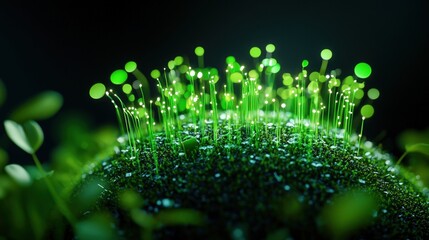Poster - Close-up of a stunning bioluminescent moss-like sphere with glowing green filaments surrounded by leaves against a dramatic dark background.