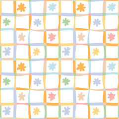 Aufkleber - Cute colorful spring daisy grid check on white background, seamless repeating modern fun doodle daises vector repeat pattern tile