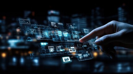Aufkleber - Futuristic hand interacting with translucent holographic interface displaying data nodes and digital elements against a blurred city night backdrop