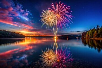 Poster - Minimalist Night Lake Fireworks Display: Calm Waters, Exploding Colors