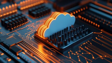 Poster - Close-up View of a Circuit Board Featu a Glowing 3D Cloud Icon Symbolizing Cloud Computing and Data Storage Concept in Technology Environment