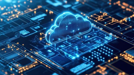 Poster - Glowing Blue Cloud Computing Symbol on an Illuminated Circuit Board Representing the Integration of Cloud Technology with Hardware Infrastructure