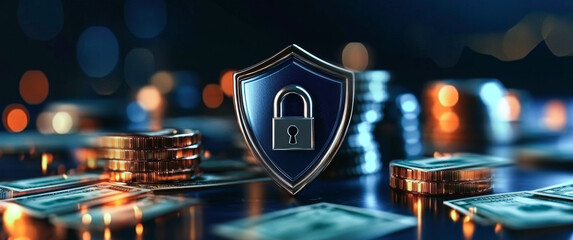 Fototapete - A shield symbol with a padlock represents security and privacy in banking.