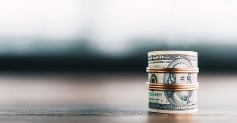 Leinwandbilder - A stack of banknotes is secured with rubber bands sitting on a wooden surface, emphasizing the importance of keeping cash safe while highlighting privacy in banking strategies.