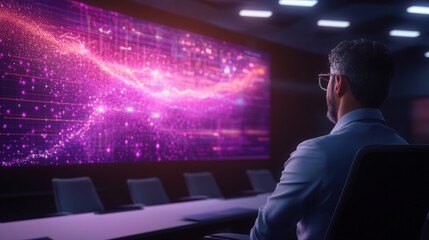 Poster - Businessman in a suit observing abstract data visualization in dim conference room, illuminated by vibrant shades of purple and pink colors on screen.