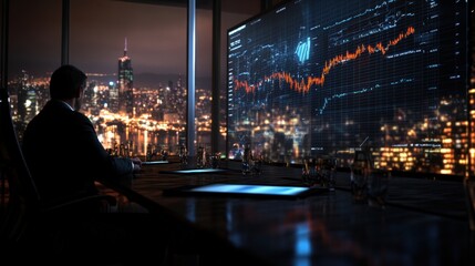 Poster - Silhouetted businessman seated at large desk with cityscape view observing financial data on screen du night in a vibrant urban setting, reflecting wealth