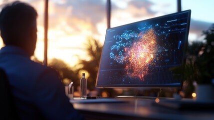 Poster - A focused businessman working at his desk, analyzing glowing data visualizations on a large monitor, with a stunning sunset visible outside his window
