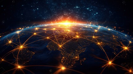 Poster - Stylized Earth at Night with Illuminated City Lights and Glowing Network of Lines Representing Global Connectivity and Communication Across Continents