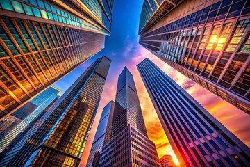 Poster - Minimalist Skyscrapers: Vertical Cityscape at Dawn, Bright Sky Glow