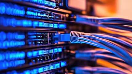 Poster - Close-Up View of an Intricate Server Rack in a Data Center with Multiple Network Cables Highlighting the Complexities of Modern Computing Infrastructure