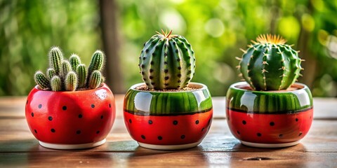 Poster - Minimalist Still Life: Hand-painted Watermelon Ceramic Pots & Cacti