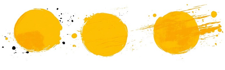 Wall Mural - Three yellow circles, grunge watercolor brush strokes on a white background