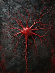 Poster - A vibrant red neuron, with its intricate network of branching axons and dendrites, is strikingly depicted against a dark, textured background.