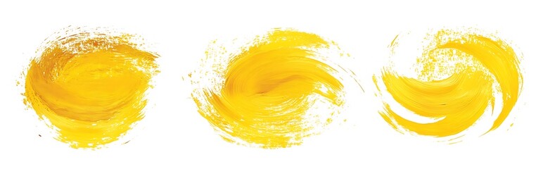 Wall Mural - Three yellow circles, grunge watercolor brush strokes on a white background