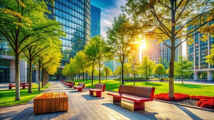 Poster - Minimalist Urban Park: Sculptures, Trees & Benches - Peaceful City Escape Stock Photo