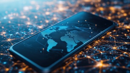 Aufkleber - Smartphone displaying world map with interconnected network lines on glowing node surface symbolizing global connectivity and digital interaction concept