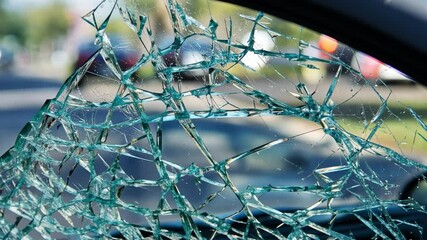 Poster - Close-up of Cracked Glass from Car Window, Showing Shattered Pieces Reflecting Light on a Blurred Street Background in Daylight