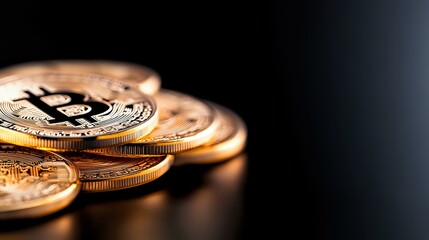 Poster - Shiny golden cryptocurrency coins stacked against dark background with dramatic lighting and selective focus creating modern financial concept.