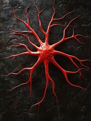 Poster - A vibrant red neuron, with its intricate network of branching axons and dendrites, is strikingly depicted against a dark, textured background.