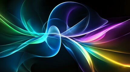 Poster - Vibrant flowing abstract waves in neon colors of blue, purple, pink, green and yellow create dynamic motion against black background. Glowing light trails form elegant curves.