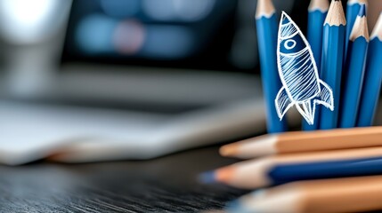 Poster - Sketch of rocket drawn on blue pencil among wooden pencils on dark desk with laptop in background, creative startup concept for business presentations.