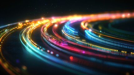 Poster - Abstract close-up of vibrant multicolored light trails swirling in concentric circles against a dark background creating dynamic energetic visual effect