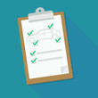© Onidji - Clipboard with a page hanging with a car silhouette with validated checkpoints of a technical inspection in flat design style with long shadow on blue background