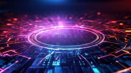 Aufkleber - Abstract digital art of a glowing circular interface with vibrant pink and blue neon lines radiating outward like a futuristic technological energy field