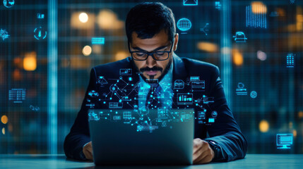 Poster - A focused professional analyzes digital data visualizations on a laptop.