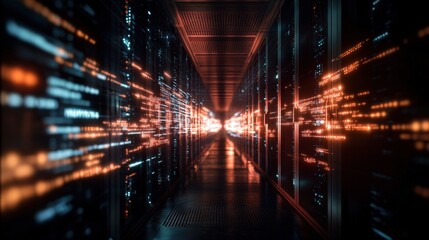 Poster - A Dark, Futuristic Corridor of Towe Server Racks with Streams of Orange and Blue Digital Data Illuminating the High-Tech Data Center Environment