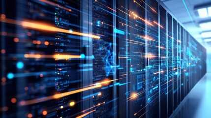 Poster - A long row of server racks in a modern data center with vibrant streaks of light illustrating dynamic data flow and processing activity and efficiency