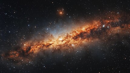 A galaxy with a bright orange center and a dark blue background. The galaxy is full of stars and is very large