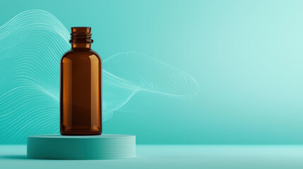Poster - sleek amber bottle stands on subtle aqua pedestal, surrounded by soft, flowing lines that evoke sense of calm