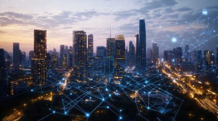 Poster - Panoramic twilight city skyline with glowing blue digital connectivity lines illustrating modern technology and urban life with complex data networks