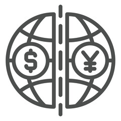 Poster - World globe and coins line icon, global sanctions concept. Vector graphics. Planet with dollar, euro coin sign on white background, outline style icon for mobile or web design.