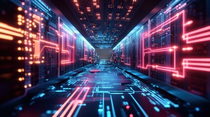 Poster - A Stunning Digital Rende of a Futuristic Hallway with Glowing Circuit Boards and Vibrant Pink and Blue Lines Leading to Infinity Beyond View