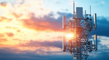 Poster - A tall cellular tower silhouetted against a vibrant orange sunset sky showcasing intricate antennas and equipment in a breathtaking technological landscape