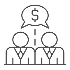 Poster - Two humans chat talk thin line icon, world sanctions concept. Vector graphics. Dollar currency in men dialog bubble sign on white background, outline style icon for mobile or web design.