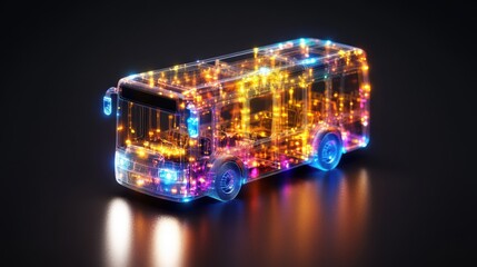 Aufkleber - Translucent 3D Model of Bus Constructed from Nodes of Light in Shades of Blue, Orange, and Purple on a Dark Reflective Background Displaying Details