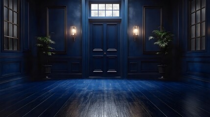 Wall Mural - a large room with a blue door and a window