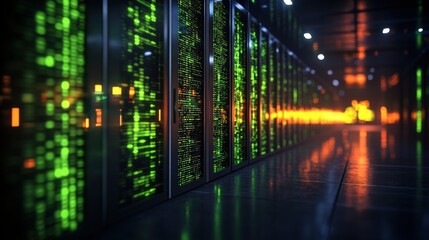 Poster - Long corridor of illuminated server racks showcasing vibrant green data streams in a modern, dark data center environment with advanced technology features
