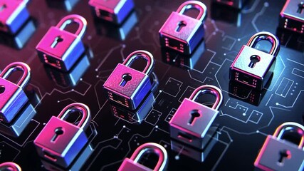 Poster - futuristic metallic padlocks on digital circuit board vibrant pink and blue cybersecurity and data p