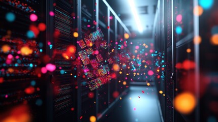 Poster - A vibrant multicolored pixelated cube floats in a dark server room surrounded by colorful particles and illuminated server racks lining the hallway