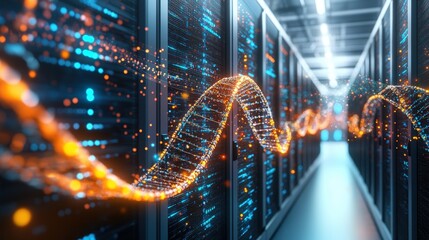 Poster - A Glowing DNA-Like Helix of Data Flowing Through a Long Corridor Surrounded by Modern Server Racks in a High-Tech Data Center Environment