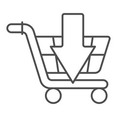 Poster - Shopping trolley with down arrow thin line icon, shopping concept. Vector graphics. Upload to cart,, peeking product sign on white background, outline style icon for mobile or web design.